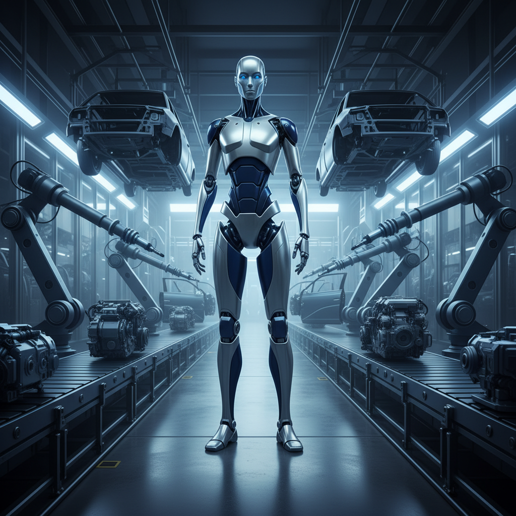 Tesla Optimus ヒューマノイドロボットの工場イメージイラスト